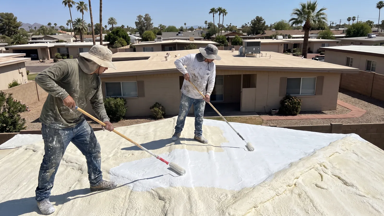 Crew rolling white elastomeric coating over a low-slope foam roof on a 1970s ranch home in Sun City, Arizona