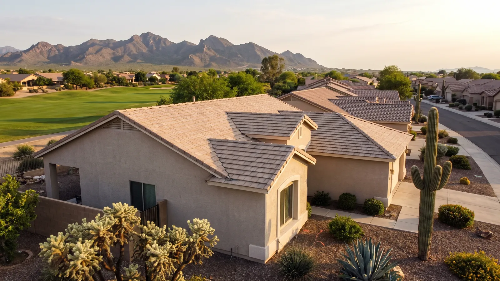 New concrete tile roof on a single-story stucco home in an active-adult community in Surprise, Arizona